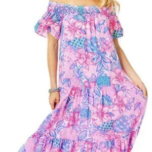 Lilly Pullitzer NWT Dezi Off-The-Shoulder Maxi Dress Pink Isle Snappy Turtle XS